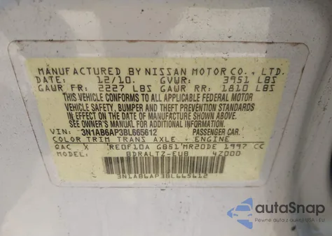 2011 Nissan Sentra 2.0Sr z USA, uszkodzony, nr VIN 3N1AB6AP3BL665612